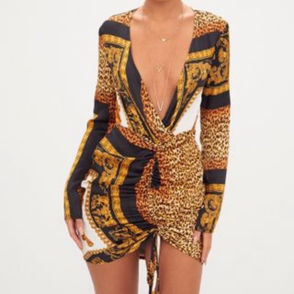 PYT lioness cheetah silky long sleeve dress S